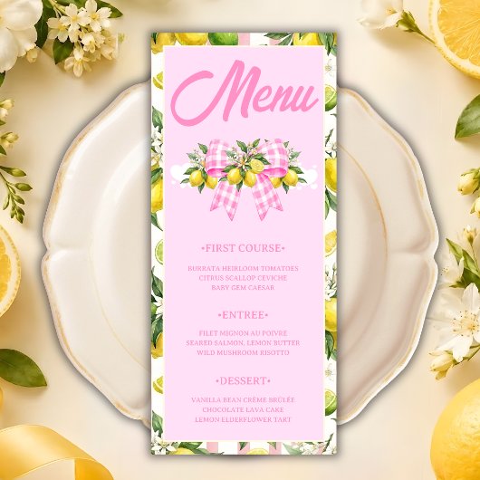 Citroen & Roze Gingham Strik Babyshower Menukaart