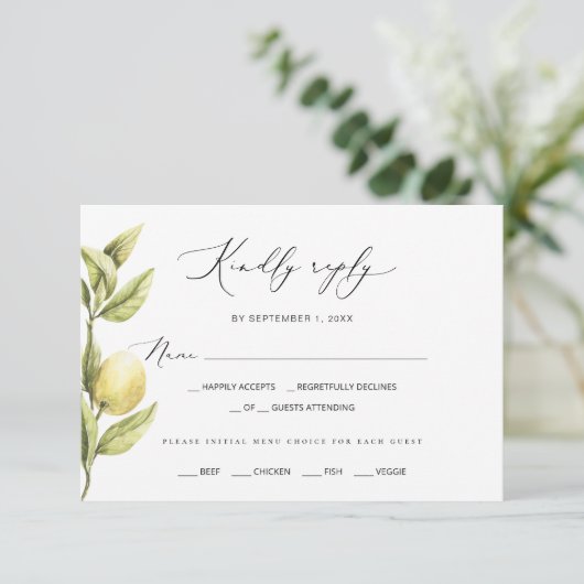 Citroen Sorrento Citrus Bruiloft RSVP Kaartje (Staand voorkant)