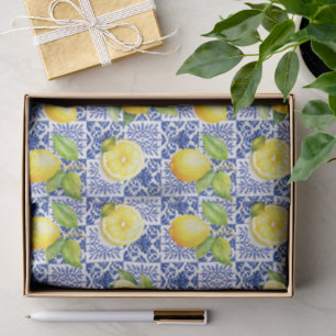 Citroen Tegel Blauw Wit Patroon Mediterraan Citrus Tissuepapier