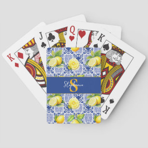 Citroen tegelpatroon blauw wit citrus monogram naa pokerkaarten