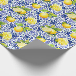 Citroen tegelpatroon blauw wit mediterraan citrus cadeaupapier