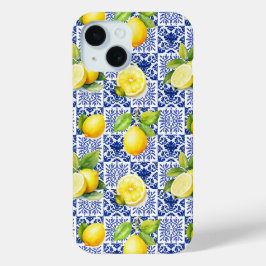 Citroen tegelpatroon blauw wit Mediterraan citrus iPhone 15 Case