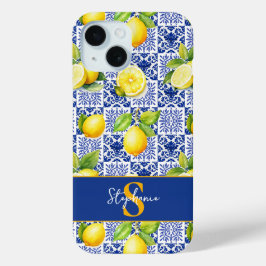 Citroen tegelpatroon blauw wit Mediterraan citrus iPhone 15 Case