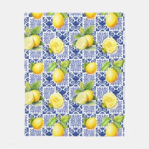 Citroen tegelpatroon blauw wit Mediterraan citrus Fleece Deken