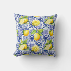 Citroen tegelpatroon blauw wit mediterraan citrus kussen