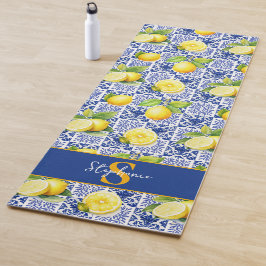 Citroen tegelpatroon naam blauw wit monogram citru yogamat