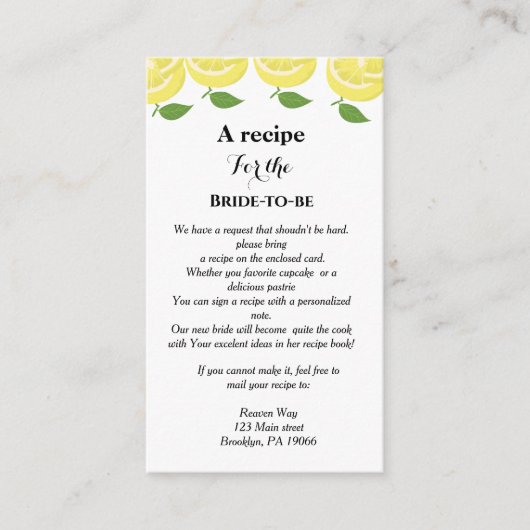 Citroen thema Recept verzoek bruids douche Informatiekaartje (Voorkant)
