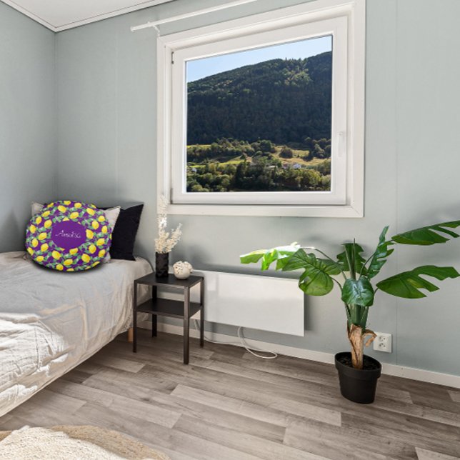 Citroen waterverf patroon eenvoudig paarse rond kussen (Creator heeft geüpload)