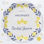 Citroen Waterverf Vrijgezellenfeest gepersonalisee Papieren Bordje<br><div class="desc">Dit frisse en leuke waterverf citruscitroen ontwerp in zingy geel en blauw zal de essentie van een vrolijke zonnige dag vastleggen. Perfect voor een vrijgezellenfeest brunch of een middagtheefeest. Het waterverf citroenontwerp zorgt ervoor dat uw gasten zich energiek en enthousiast voelen over de komende viering. Wijzig alle details om aan...</div>