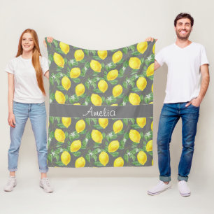 Citroen waterverfpatroon schattig meisje grijs fleece deken