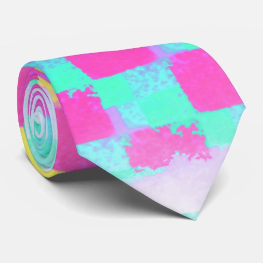 Citroenberry Neo Mint Grungy Checkerboard Patroon Stropdas (Opgerold)