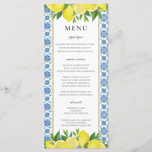 Citroenbladeren Mediterraan Bruiloft Menu Kaart (Voorkant)