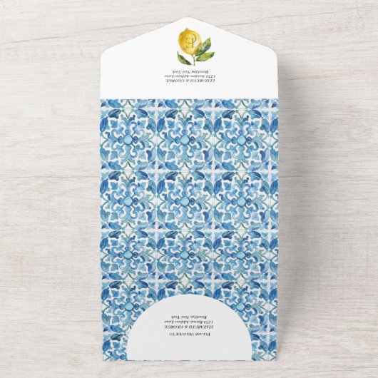 Citroenblauw Mediterraan Monogram QR Code Bruiloft All In One Uitnodiging (Buitenkant)