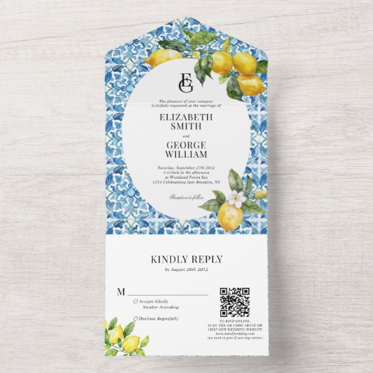 Citroenblauw Mediterraan Monogram QR Code Bruiloft All In One Uitnodiging (Binnen)