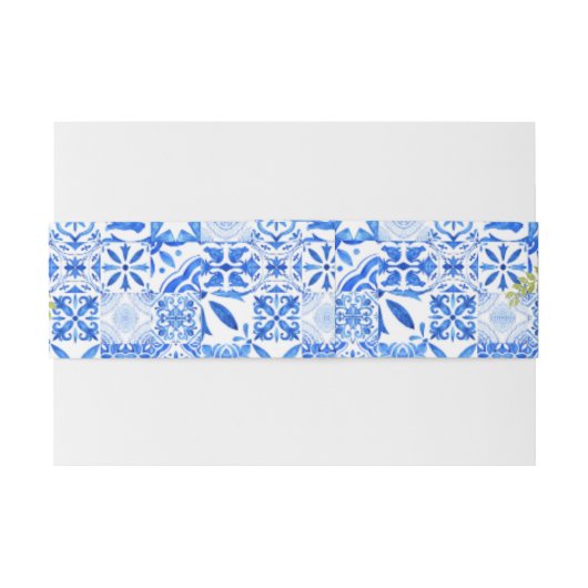 Citroenblauw Mediterraans tegel Italiaans Bruiloft Uitnodigingen Wikkel (Achterkant Voorbeeld)