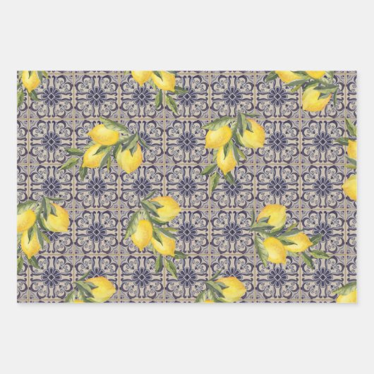  citroenblauw Portugees Tegel Mediterraan Inpakpapier Vel (Voorkant 3)