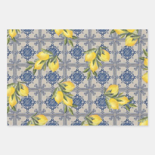  citroenblauw Portugees Tegel Mediterraan Inpakpapier Vel (Voorkant)