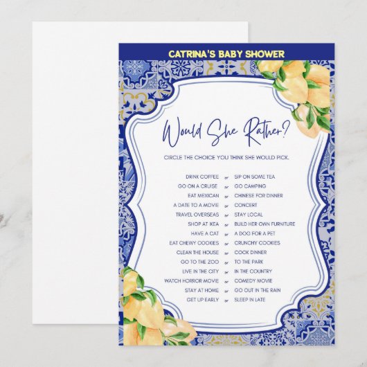 Citroenblauw Tegels Baby shower - bewerkbare naam, Kaart (Voorkant / Achterkant)