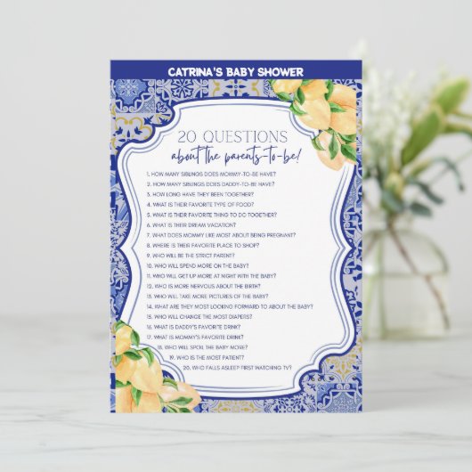 Citroenblauw Tegels Baby shower - bewerkbare naam, Kaart (Staand voorkant)