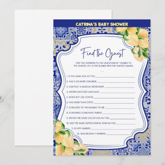 Citroenblauw Tegels Baby shower - bewerkbare naam, Kaart (Voorkant / Achterkant)