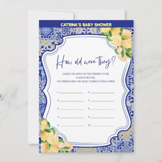 Citroenblauw Tegels Baby shower - bewerkbare naam, Kaart (Voorkant)