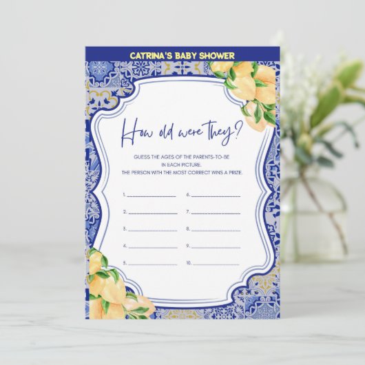 Citroenblauw Tegels Baby shower - bewerkbare naam, Kaart (Staand voorkant)