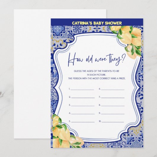 Citroenblauw Tegels Baby shower - bewerkbare naam, Kaart (Voorkant / Achterkant)