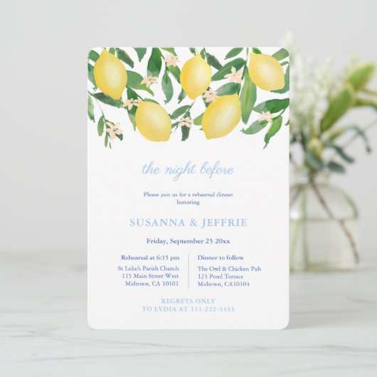 Citroenblauw Wit Tegels Huwelijksrepetitie Diner Kaart (Staand voorkant)