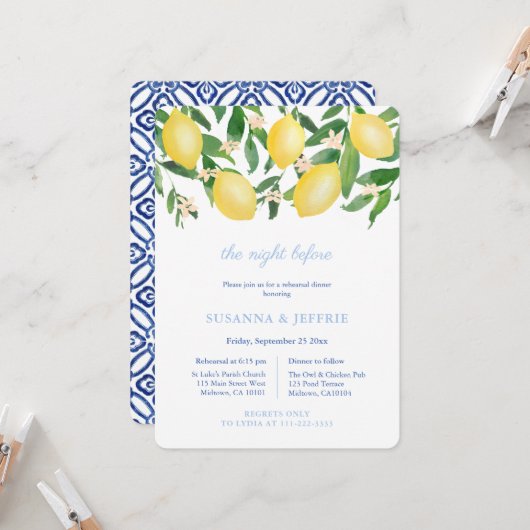 Citroenblauw Wit Tegels Huwelijksrepetitie Diner Kaart (Voorkant / Achterkant in situ)
