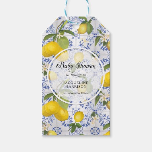 Citroenbloem Citrusvrucht Blauw Wit Baby shower Cadeaulabel (Voorkant)