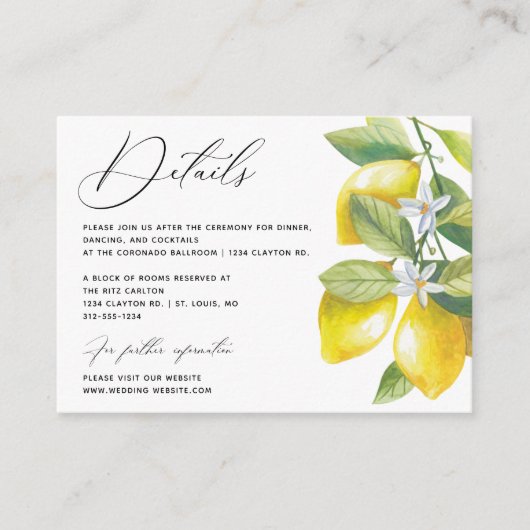 Citroenbloesem Citrus bruiloft Details Informatiekaartje (Voorkant)