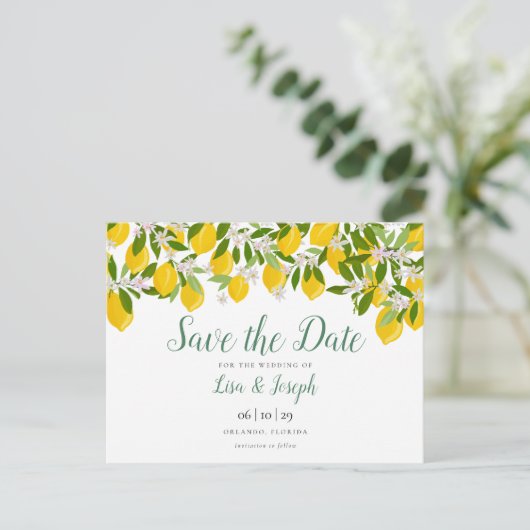 Citroenbloesem Elegante Script Save-the-date-kaart Aankondigingskaart (Staand voorkant)