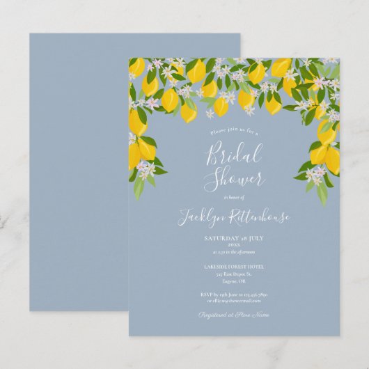 Citroenbloesem Groenigheid Stofblauw Bruidsfeest Aankondigingskaart (Voorkant / Achterkant)