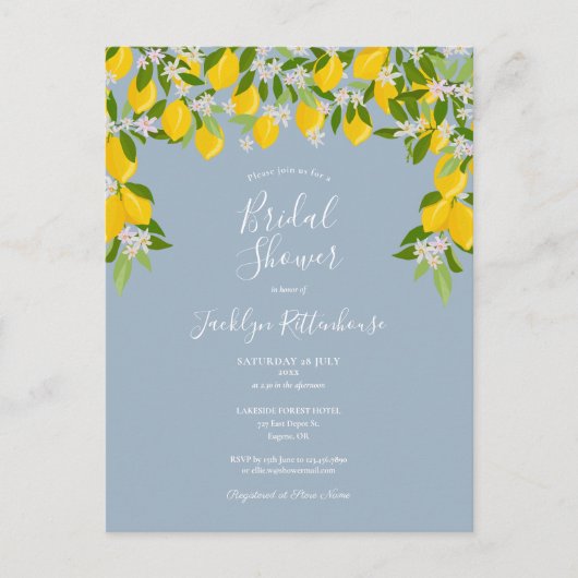 Citroenbloesem Groenigheid Stofblauw Bruidsfeest Aankondigingskaart (Voorkant)