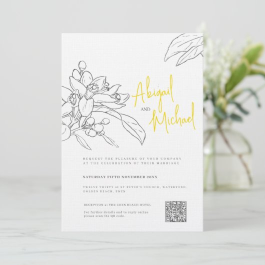 Citroenbloesem schets geel grijs bruiloft kaart (Staand voorkant)