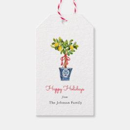 Citroenboom Topiary met rode strik Vakantie Cadeaulabel