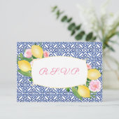 Citroenen Amalfi Blue Tegels Bruiloft Maaltijden O RSVP Kaartje (Staand voorkant)