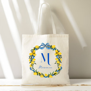 Citroenen blauw boog gepersonaliseerde bruidsmeisj tote bag