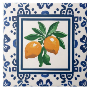 Citroenen Blauw en Wit Tribale Folk Art Patroon Tegeltje
