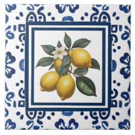 Citroenen Blauw en Wit Tribale Folk Art Patroon Tegeltje