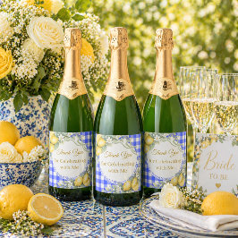 Citroenen blauw geruit tuin Bedankt Bruids Bruilof Sparkling Wijnetiket
