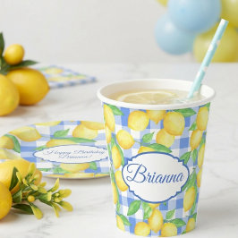 Citroenen & Blauw Gingham Gepersonaliseerd Glas Papieren Bekers