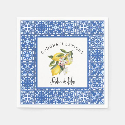 Citroenen & Blauw Mediterraan Tegel Bruidsdouche Servet (Voorkant)