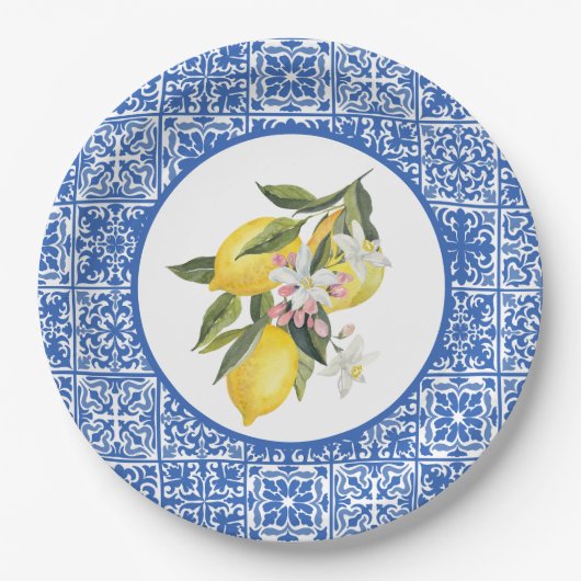 Citroenen & Blauw Mediterraan Tegel Trouw Bruiloft Papieren Bordje (Voorkant)