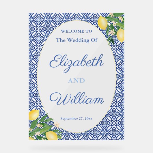 Citroenen blauw tegels bruiloft welkom teken 3 acryl bord (Voorkant)