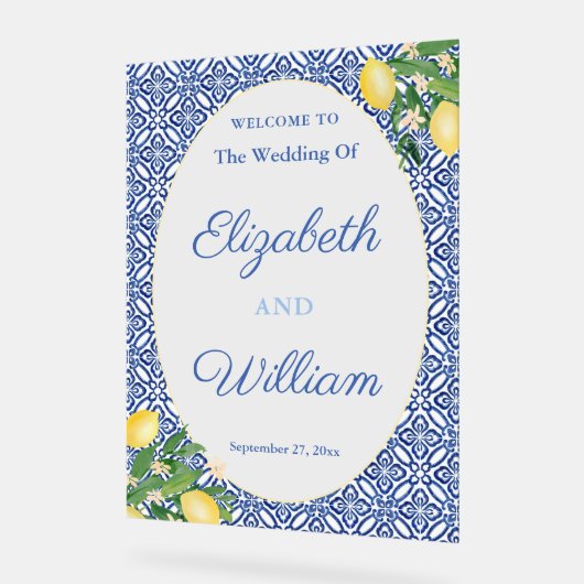 Citroenen blauw tegels bruiloft welkom teken 3 acryl bord (Hoek)