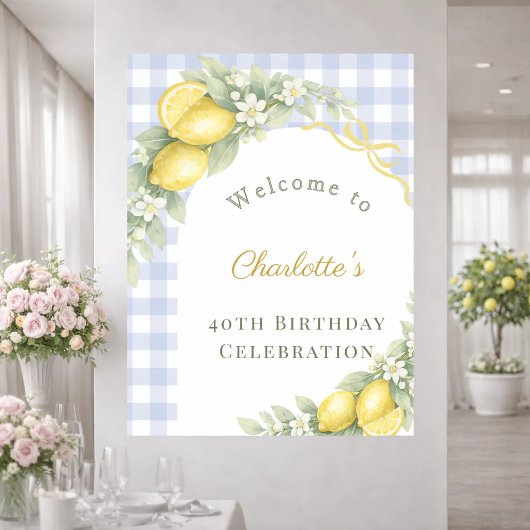 Citroenen blauwe gingham boog tuin verjaardag welk poster