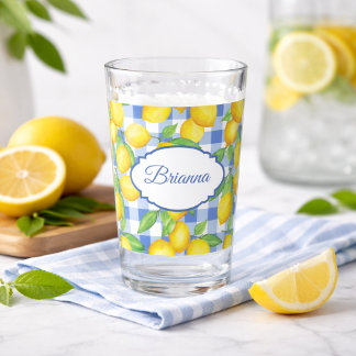 Citroenen & Blauwe Gingham Gepersonaliseerd Glas