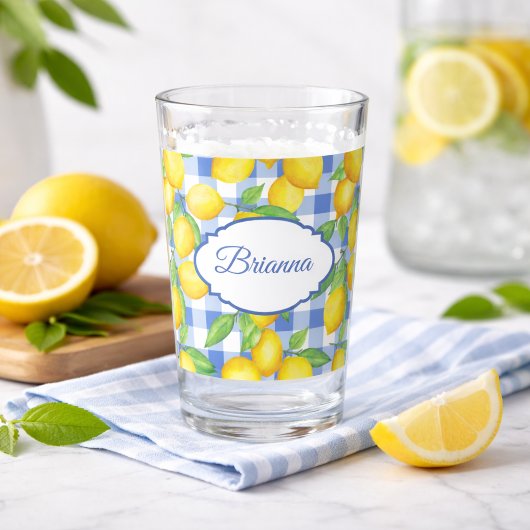 Citroenen & Blauwe Gingham Gepersonaliseerd Glas