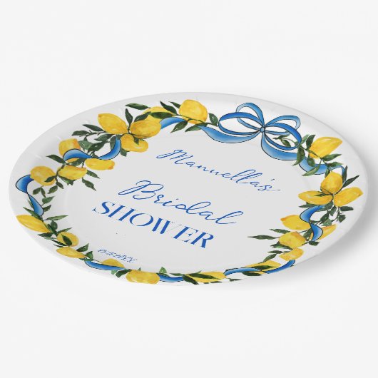 Citroenen blauwe lint bruiloftsfeestje monogram papieren bordje (Gekanteld)